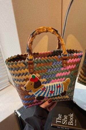 2025 Women's Handheld Bamboo Joint Beach Bag - Color-Blocking Woven Travel Basket for Shopping & Summer Style
