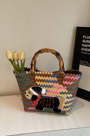 2025 Women's Handheld Bamboo Joint Beach Bag - Color-Blocking Woven Travel Basket for Shopping & Summer Style