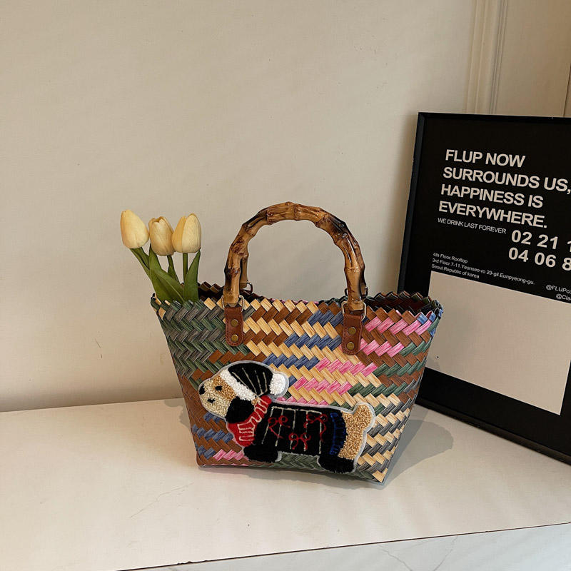 2025 Women's Handheld Bamboo Joint Beach Bag - Color-Blocking Woven Travel Basket for Shopping & Summer Style 2025 Women's Handheld Bamboo Joint Beach Bag - Color-Blocking Woven Travel Basket for Shopping & Summer Style