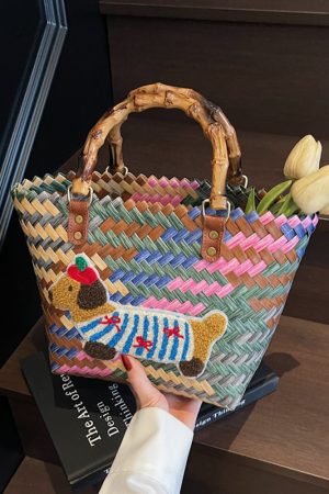 2025 Women's Handheld Bamboo Joint Beach Bag - Color-Blocking Woven Travel Basket for Shopping & Summer Style