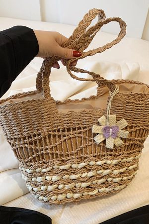 2025 Women's Hollow Woven Straw Beach Bag - Handheld Summer Seaside Vacation Tote for Commuting and Vegetables