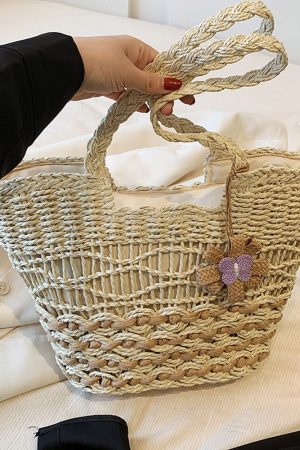 2025 Women's Hollow Woven Straw Beach Bag - Handheld Summer Seaside Vacation Tote for Commuting and Vegetables