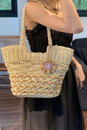 2025 Women's Hollow Woven Straw Beach Bag - Handheld Summer Seaside Vacation Tote for Commuting and Vegetables