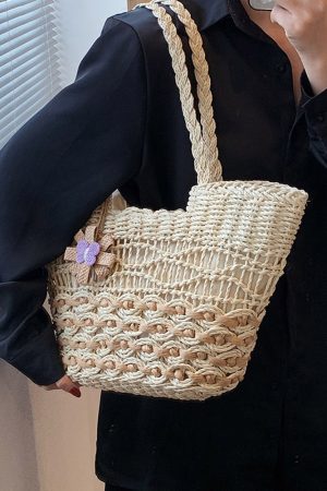 2025 Women's Hollow Woven Straw Beach Bag - Handheld Summer Seaside Vacation Tote for Commuting and Vegetables