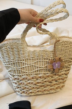 2025 Women's Hollow Woven Straw Beach Bag - Handheld Summer Seaside Vacation Tote for Commuting and Vegetables