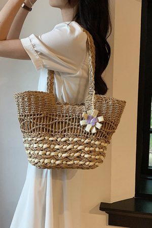 2025 Women's Hollow Woven Straw Beach Bag - Handheld Summer Seaside Vacation Tote for Commuting and Vegetables