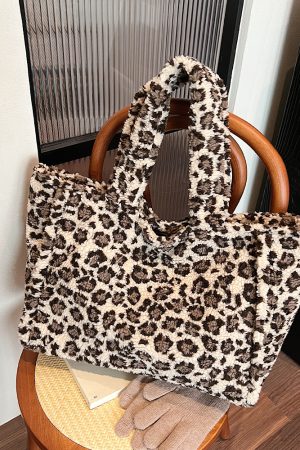 2025 Women's Plush Leopard Print Tote Bag - Fluffy Shoulder Bag with Large Capacity for Spring and Summer Fashion