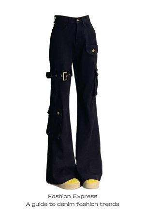 2025 Women's Sexy Black Jeans - American Style Slim Straight with Belt Splicing & Flared Hem, Trendy Y2K Fashion