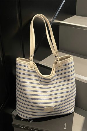 2025 Women's Striped Canvas Tote Bag - Large Capacity Shoulder Bag for Class & Commuting, Versatile Fashion Essential
