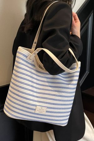 2025 Women's Striped Canvas Tote Bag - Large Capacity Shoulder Bag for Class & Commuting, Versatile Fashion Essential