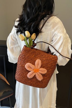 2025 Women's Summer Bohemian Woven Beach Bag - Straw Bucket Bag for Seaside Outings, Single Shoulder Design