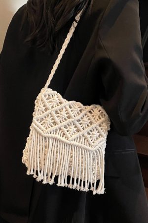 2025 Women's Summer Cotton Woven Crossbody Bag with Hollow Design and Tassels - Perfect for Beach Vacations and Mobile Phones