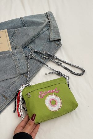 2025 Women's Summer Embroidered Donut Nylon Canvas Crossbody Bag with Zipper - Small Phone Purse for Everyday Use