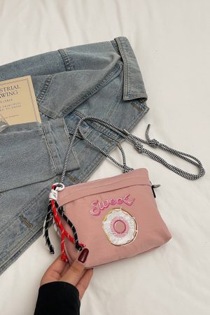 2025 Women's Summer Embroidered Donut Nylon Canvas Crossbody Bag with Zipper - Small Phone Purse for Everyday Use