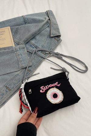 2025 Women's Summer Embroidered Donut Nylon Canvas Crossbody Bag with Zipper - Small Phone Purse for Everyday Use