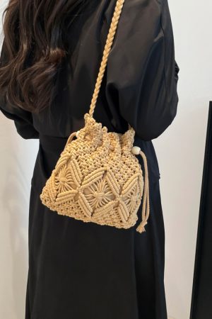 2025 Women's Summer Forest-Style Woven Straw Beach Bag - Drawstring Bucket Crossbody for Phone and Essentials