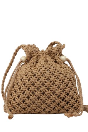 2025 Women's Summer Forest-Style Woven Straw Beach Bag - Drawstring Bucket Crossbody for Phone and Essentials
