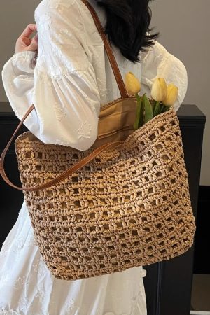 2025 Women's Summer Hollow Weave Straw Tote Bag - Large Capacity Beach Vacation Commuter Shoulder Bag