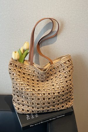 2025 Women's Summer Hollow Weave Straw Tote Bag - Large Capacity Beach Vacation Commuter Shoulder Bag
