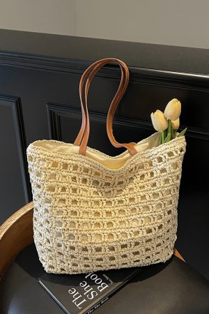 2025 Women's Summer Hollow Weave Straw Tote Bag - Large Capacity Beach Vacation Commuter Shoulder Bag