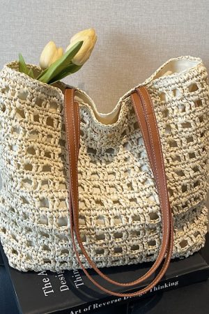 2025 Women's Summer Hollow Weave Straw Tote Bag - Large Capacity Beach Vacation Commuter Shoulder Bag