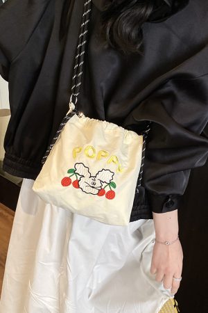 2025 Women's Summer Nylon Embroidered Canvas Drawstring Crossbody Bag - Simple Portable Phone Bag