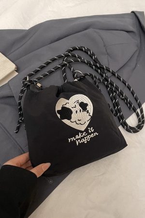 2025 Women's Summer Nylon Embroidered Canvas Drawstring Crossbody Bag - Simple Portable Phone Bag