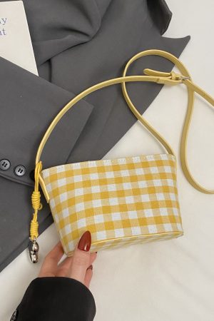 2025 Women's Summer Yellow Plaid Bucket Bag - Stylish Zipper Crossbody Phone Bag for Trendy Fashion