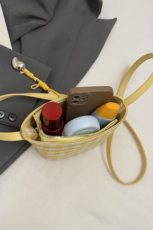 2025 Women's Summer Yellow Plaid Bucket Bag - Stylish Zipper Crossbody Phone Bag for Trendy Fashion