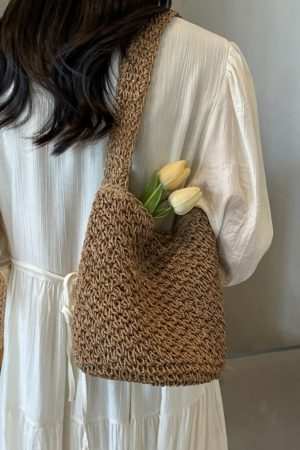 2025 Women's Woven Straw Bucket Bag - Artistic Forest-Themed Shoulder Bag for Beach Vacation