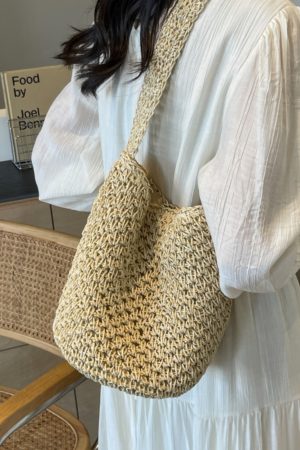 2025 Women's Woven Straw Bucket Bag - Artistic Forest-Themed Shoulder Bag for Beach Vacation