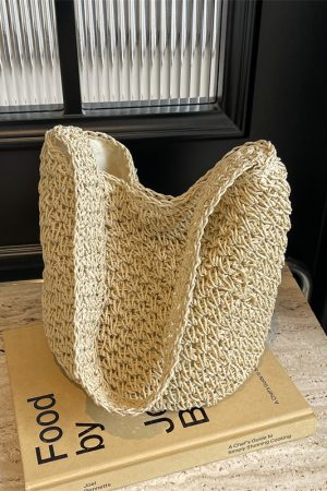 2025 Women's Woven Straw Bucket Bag - Artistic Forest-Themed Shoulder Bag for Beach Vacation