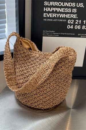 2025 Women's Woven Straw Bucket Bag - Artistic Forest-Themed Shoulder Bag for Beach Vacation