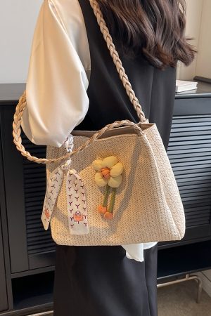 2025 Woven Bucket Bag for Women - Large Capacity Straw Tote for Classroom, Commuting, and Vacation - Stylish Shoulder Bag