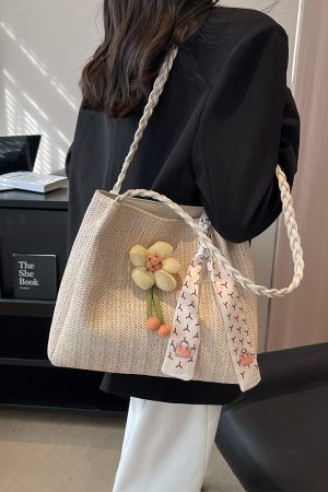 2025 Woven Bucket Bag for Women - Large Capacity Straw Tote for Classroom, Commuting, and Vacation - Stylish Shoulder Bag