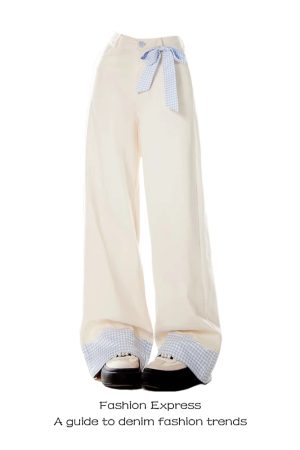 3D Bow Tie Denim Pants for Women - Blue Plaid Splicing Design, Sweet Long Pants for Spring and Autumn 2025, Trendy Casual Style