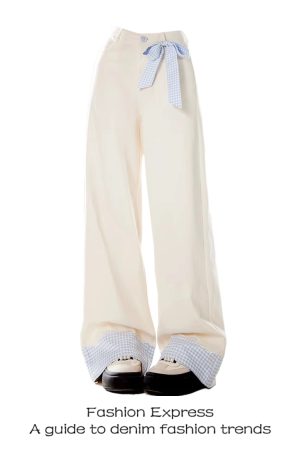 3D Bow Tie Denim Pants for Women - Blue Plaid Splicing Design, Sweet Long Pants for Spring and Autumn 2025, Trendy Casual Style