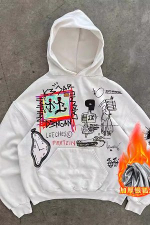 400g Heavyweight Graffiti Hoodie for Men and Women - American Retro Cartoon Line Art Unisex Fashion Sweater