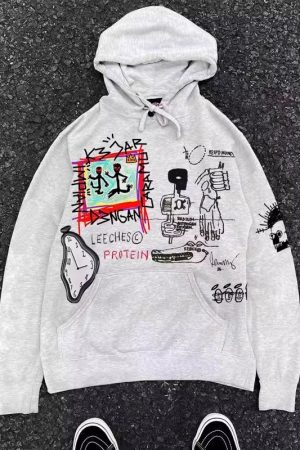 400g Heavyweight Graffiti Hoodie for Men and Women - American Retro Cartoon Line Art Unisex Fashion Sweater