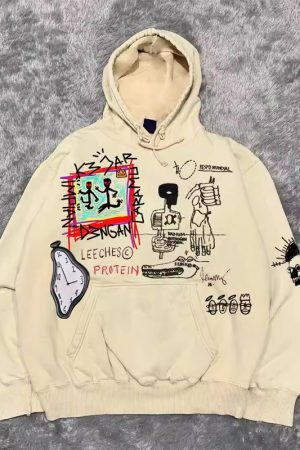 400g Heavyweight Graffiti Hoodie for Men and Women - American Retro Cartoon Line Art Unisex Fashion Sweater