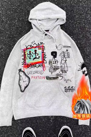 400g Heavyweight Graffiti Hoodie for Men and Women - American Retro Cartoon Line Art Unisex Fashion Sweater