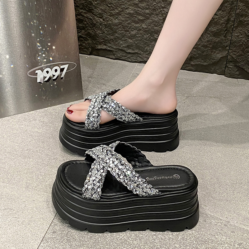 8cm Thick-Soled Cross Rhinestone Sandals for Women - Stylish Height-Increasing Slide Sandals for Summer 2025 Outdoor Fashion 8cm Thick-Soled Cross Rhinestone Sandals for Women - Stylish Height-Increasing Slide Sandals for Summer 2025 Outdoor Fashion