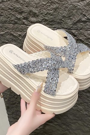 8cm Thick-Soled Cross Rhinestone Sandals for Women - Stylish Height-Increasing Slide Sandals for Summer 2025 Outdoor Fashion