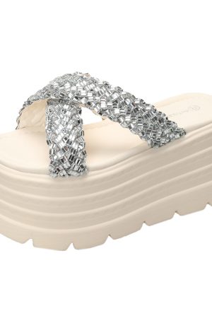 8cm Thick-Soled Cross Rhinestone Sandals for Women - Stylish Height-Increasing Slide Sandals for Summer 2025 Outdoor Fashion