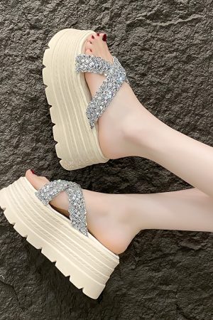 8cm Thick-Soled Cross Rhinestone Sandals for Women - Stylish Height-Increasing Slide Sandals for Summer 2025 Outdoor Fashion