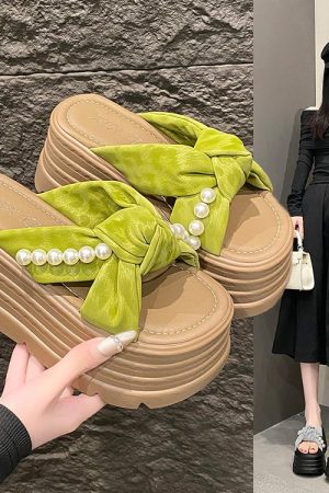 8cm Thick-Soled Pearl Slippers for Women - Summer Fairy Style Height-Increasing Beach Sandals for Outdoor Wear