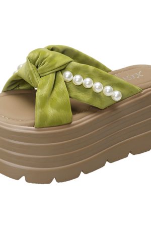 8cm Thick-Soled Pearl Slippers for Women - Summer Fairy Style Height-Increasing Beach Sandals for Outdoor Wear