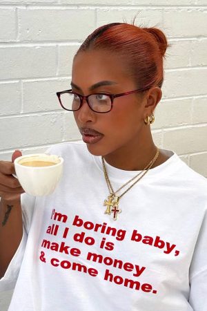 90s American Retro Clean Fit Letter Slogan White Short Sleeve T-Shirt for Women - Oversized Summer Style