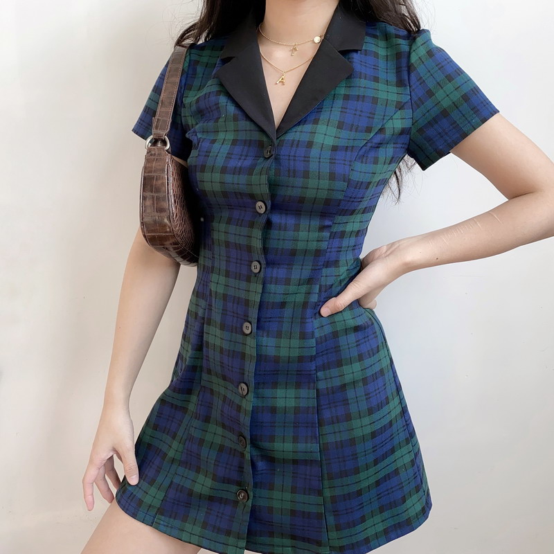 90s Retro College Style Lapel Plaid Slim Fit Short Sleeve A-Line Dress for Women - Vintage-Inspired Casual Shirt Dress 90s Retro College Style Lapel Plaid Slim Fit Short Sleeve A-Line Dress for Women - Vintage-Inspired Casual Shirt Dress