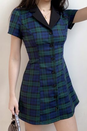 90s Retro College Style Lapel Plaid Slim Fit Short Sleeve A-Line Dress for Women - Vintage-Inspired Casual Shirt Dress